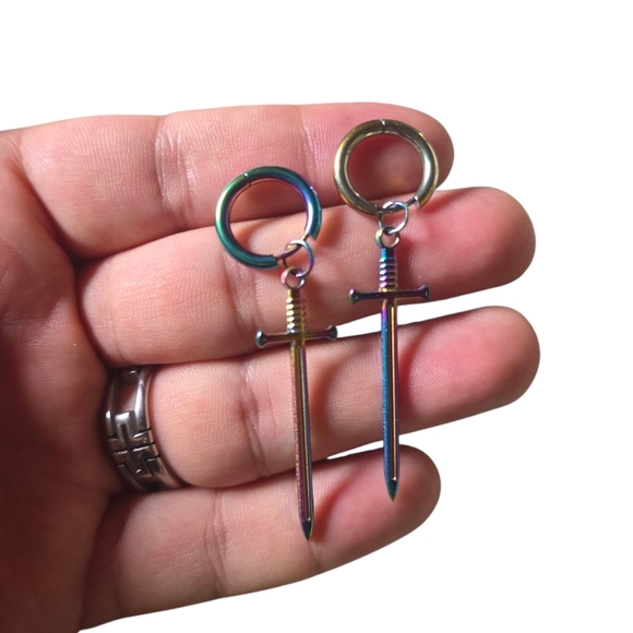 2 Pairs Of Stainless Steel Iridescent Swords + Crosses  Earrings New - Picture 4 of 5